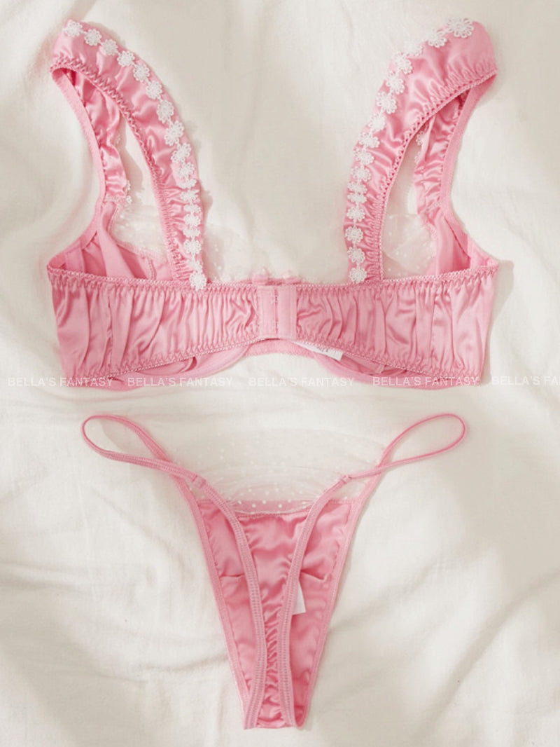 Barbie Daisy Embroidery Mesh Bra and Thong Lingerie Set