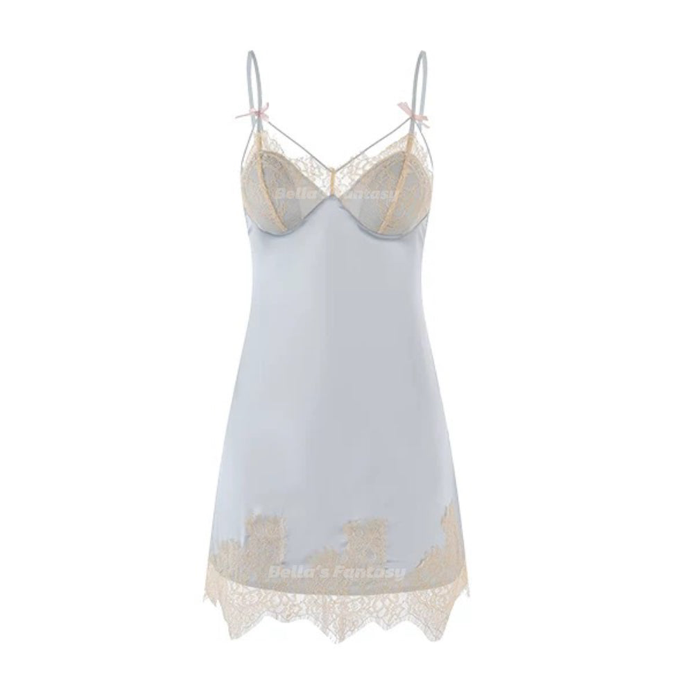 Carly Satin Silky Slip Dress Pajamas Set With T String Baby Blue – BELLA'S FANTASY Carly Satin Silky Slip Dress Pajamas Set With T String Baby Blue – BELLA'S FANTASY