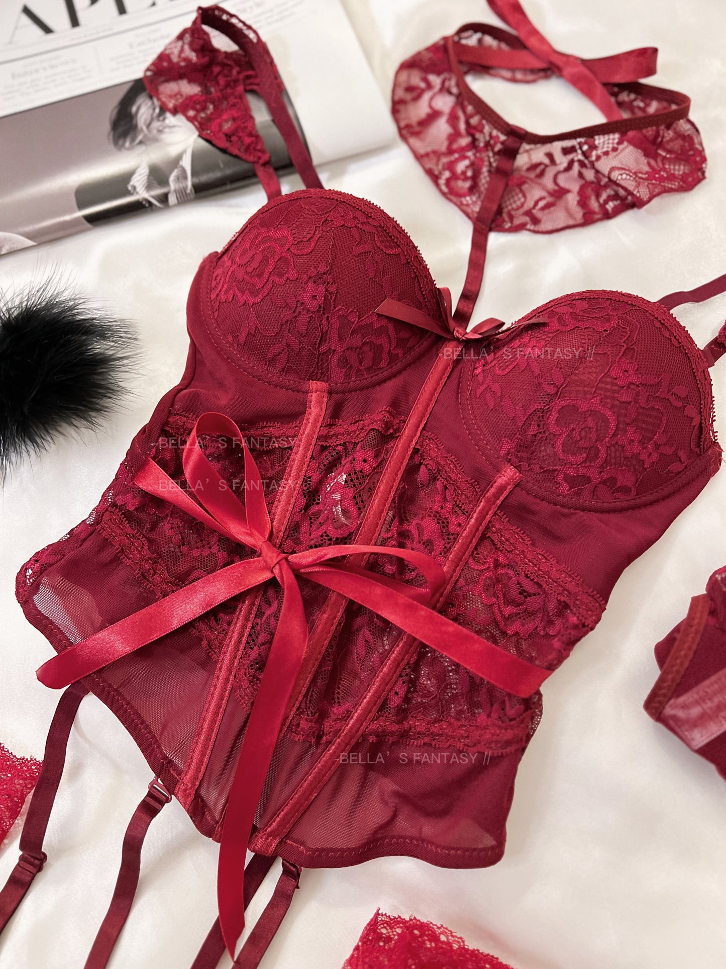 Scarlett Burgundy Lace corset Lingerie set - Red