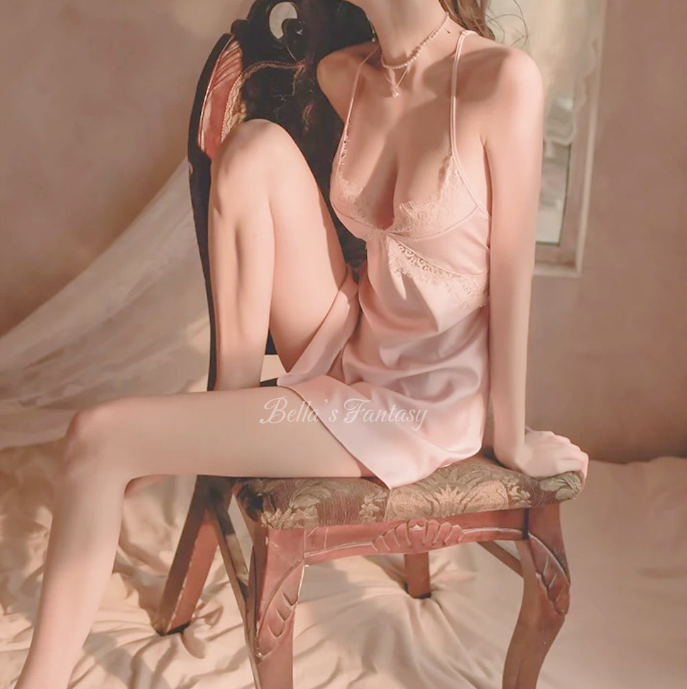 【NEW YORK】Bella's Fantasy 2024 New Ice Silk Lace Beauty Back Halter Nightgown Pajamas Cherry Blossom Pink M