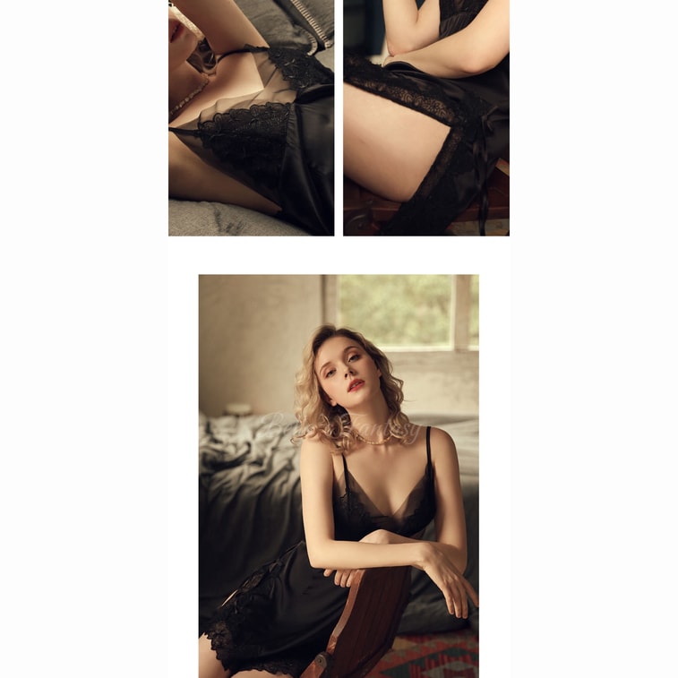 Bella’s Fantasy Women's Sleepwear Satin Embroided Pajamas Lingerie Slip Dress Set With Panty Black Size M-L