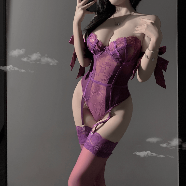 Bella’s Fantasy Women's Sexy Lace Lingerie Set Bodysuit See Through Sensual Sleepwear Sexy Nightgown Purple One Size (With Purple Stockings)