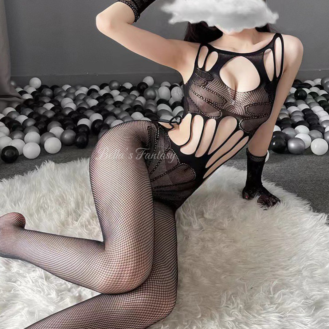 【NEW YORK】Bella’s Fantasy Sexy Hollow Out Fishnet Bodystocking See Through Cami Stretchy One-piece Bodysuit Black