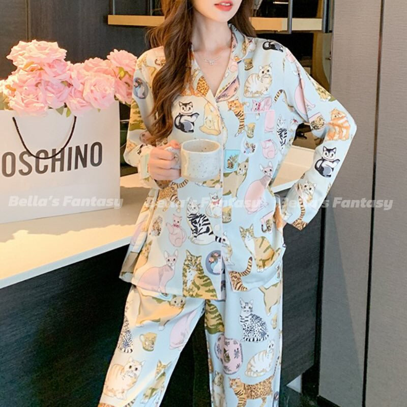 Bella's Fantasy Kitten Print Pajamas Set Silky Sleepwear Loungewear Baby Blue M