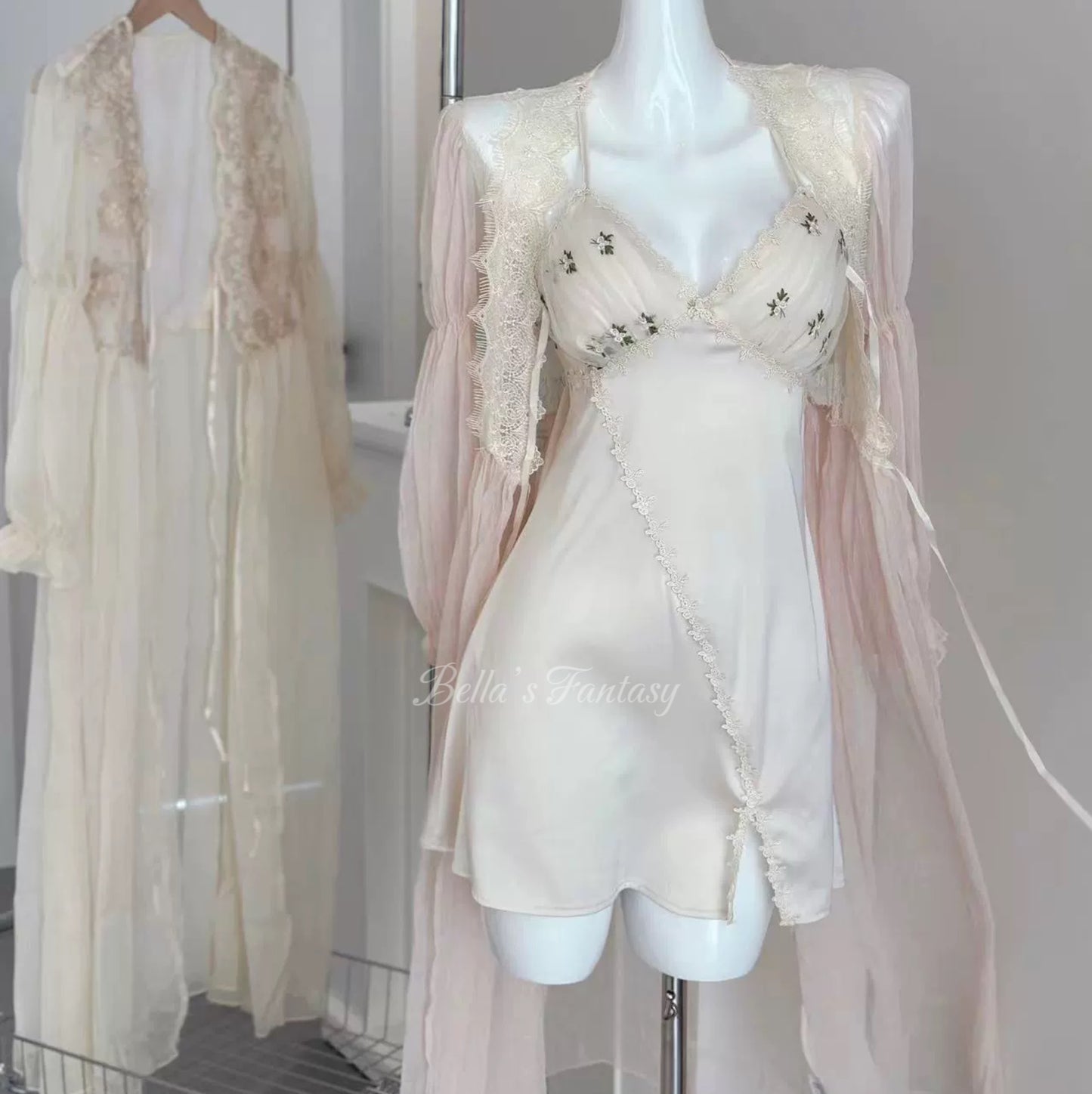 Bella’s Fantasy Sexy Tulle See Through Slip Dress Pajamas Robe Beige One size