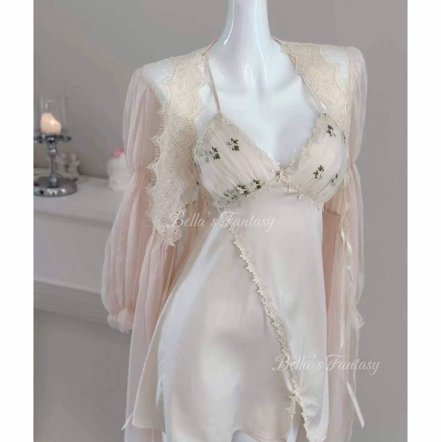 Bella’s Fantasy Sexy Tulle See Through Slip Dress Pajamas Robe Beige One size