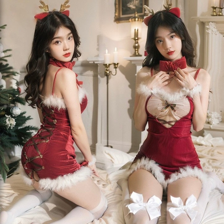 Bella’s Fantasy Women's Christmas Sexy Lace Lingerie Set See Through Sleepwear Sexy Nightgown Gift Set Red One Size