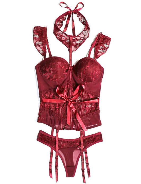 Scarlett Burgundy Lace corset Lingerie set - Red