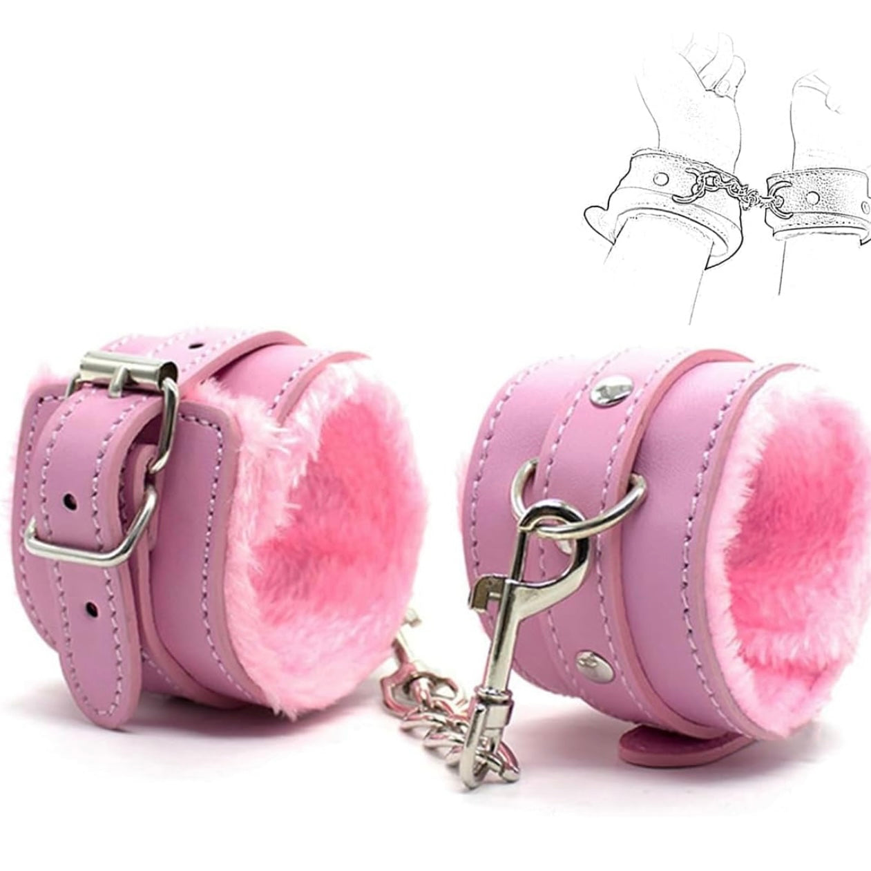 Bella’s Fantasy Handcuffs - Adjustable Faux Leather Bondage Fetish Handcuffs Kit for Adults Unisex Pink