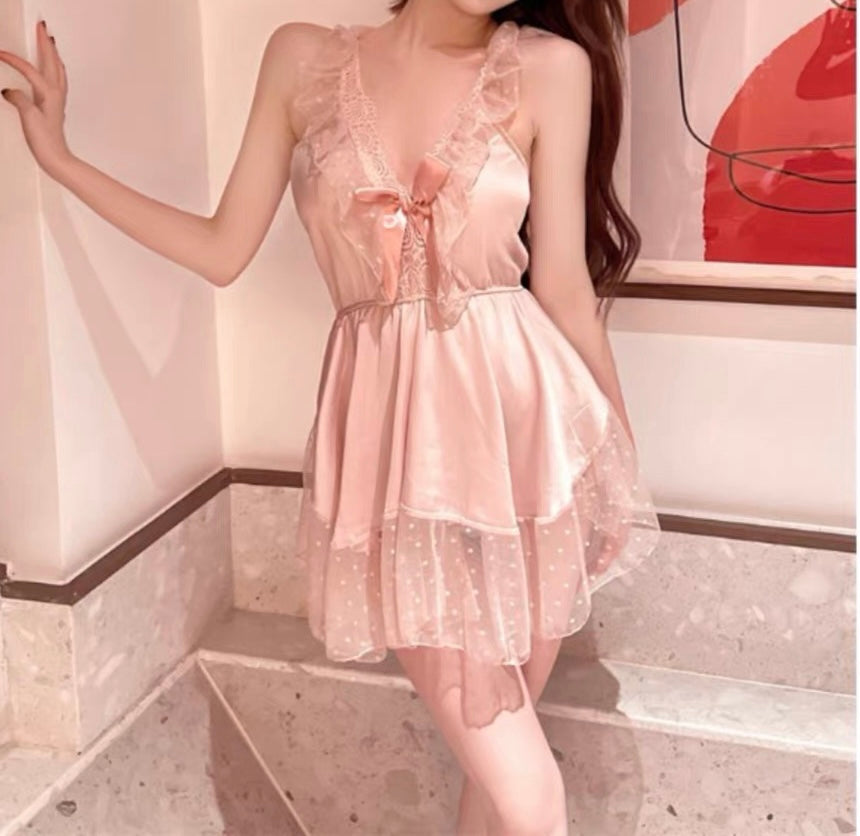 Liliana Pink V-Neck Lace Slip Dress with Bow Size M