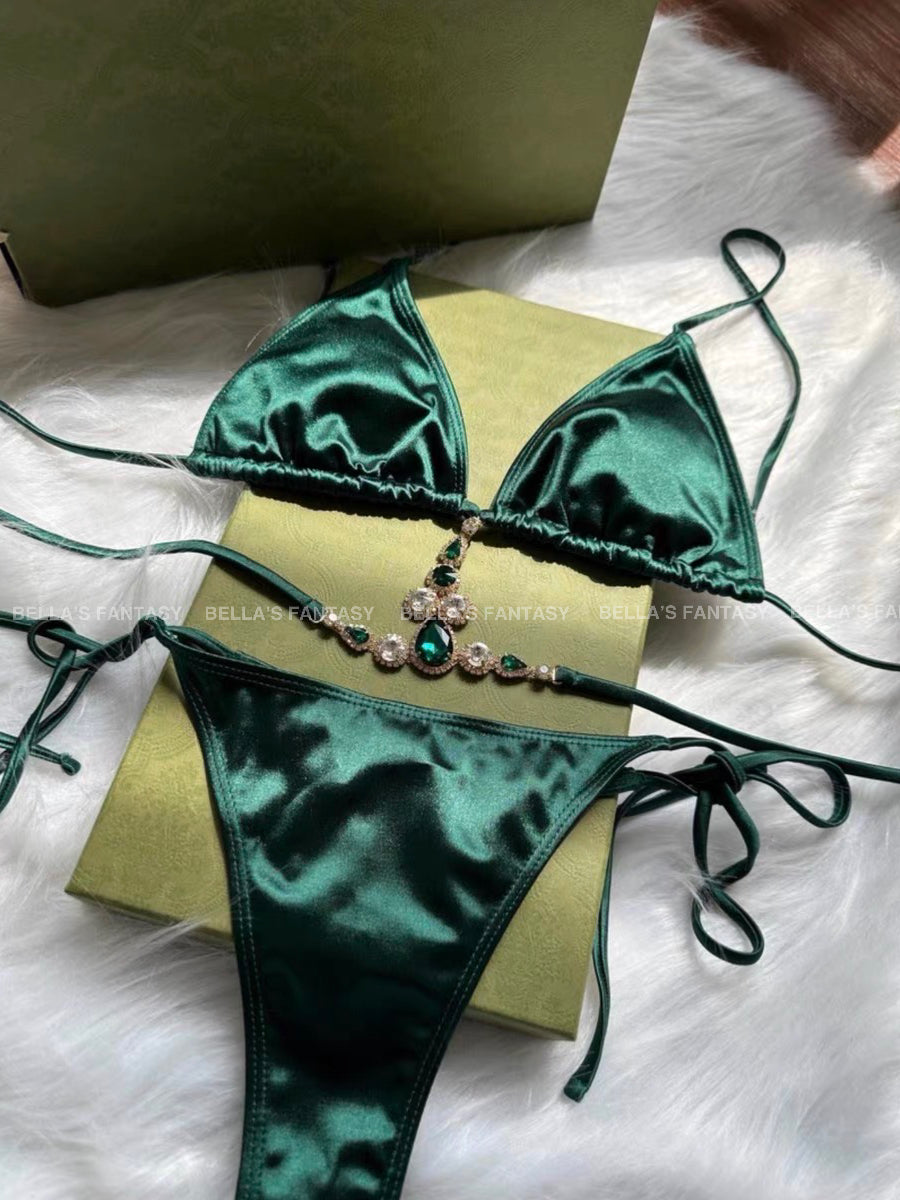 Jewel Rhinestone Chain Decor Triangle Biikini Set, Bra Top Bottom Skirt Swimwear