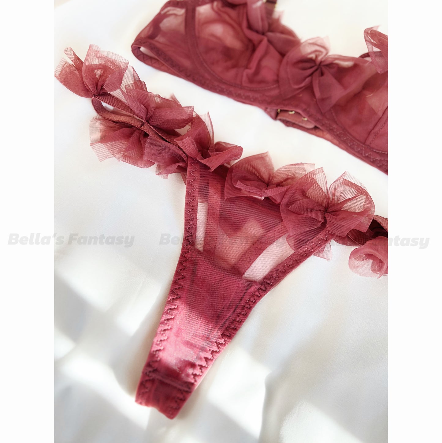 Poppy Bra and Thong Lingerie Set with bow tie trims