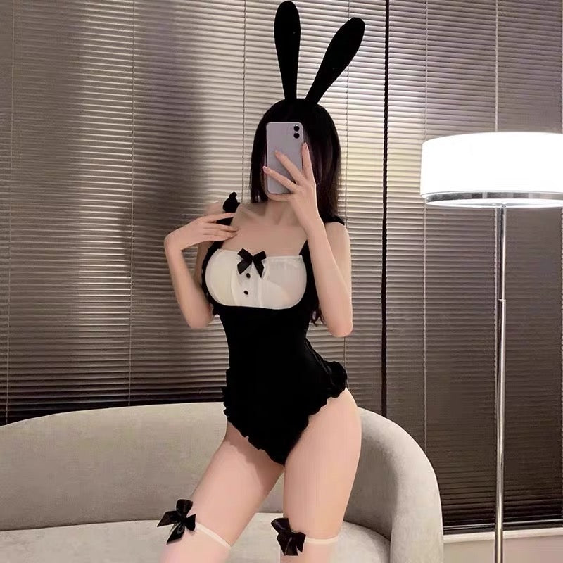 Cute Playboy Bunny Costume Black Cosplay Bodysuit Sexy Lingerie Set