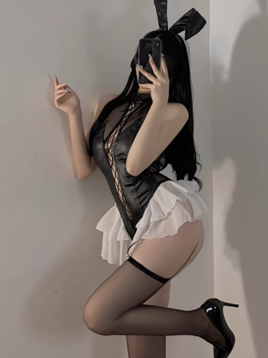 Beatrice Playboy Bunny Costume Black Lace Tie Bodysuit Sexy Lingerie Set One Size