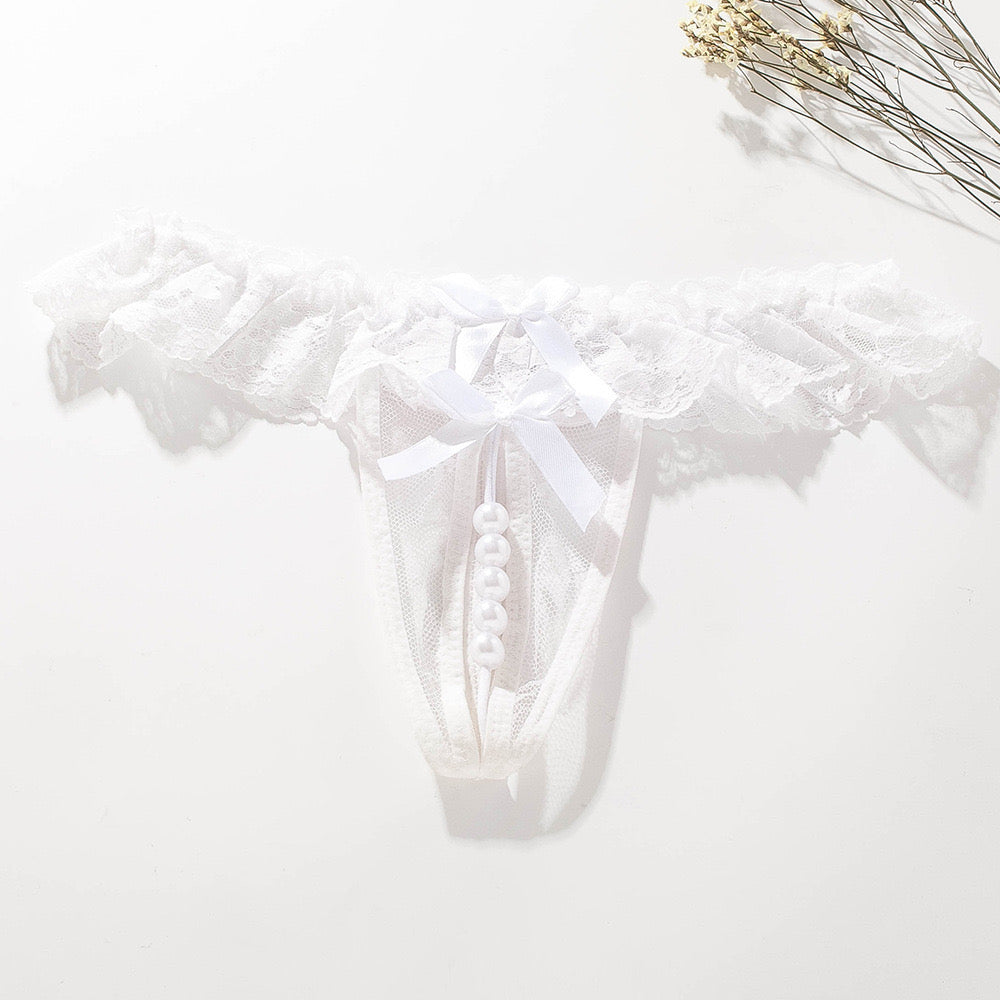 Saya Women's Sexy Thong Pearl Chain Lace See Through G-string Panty
