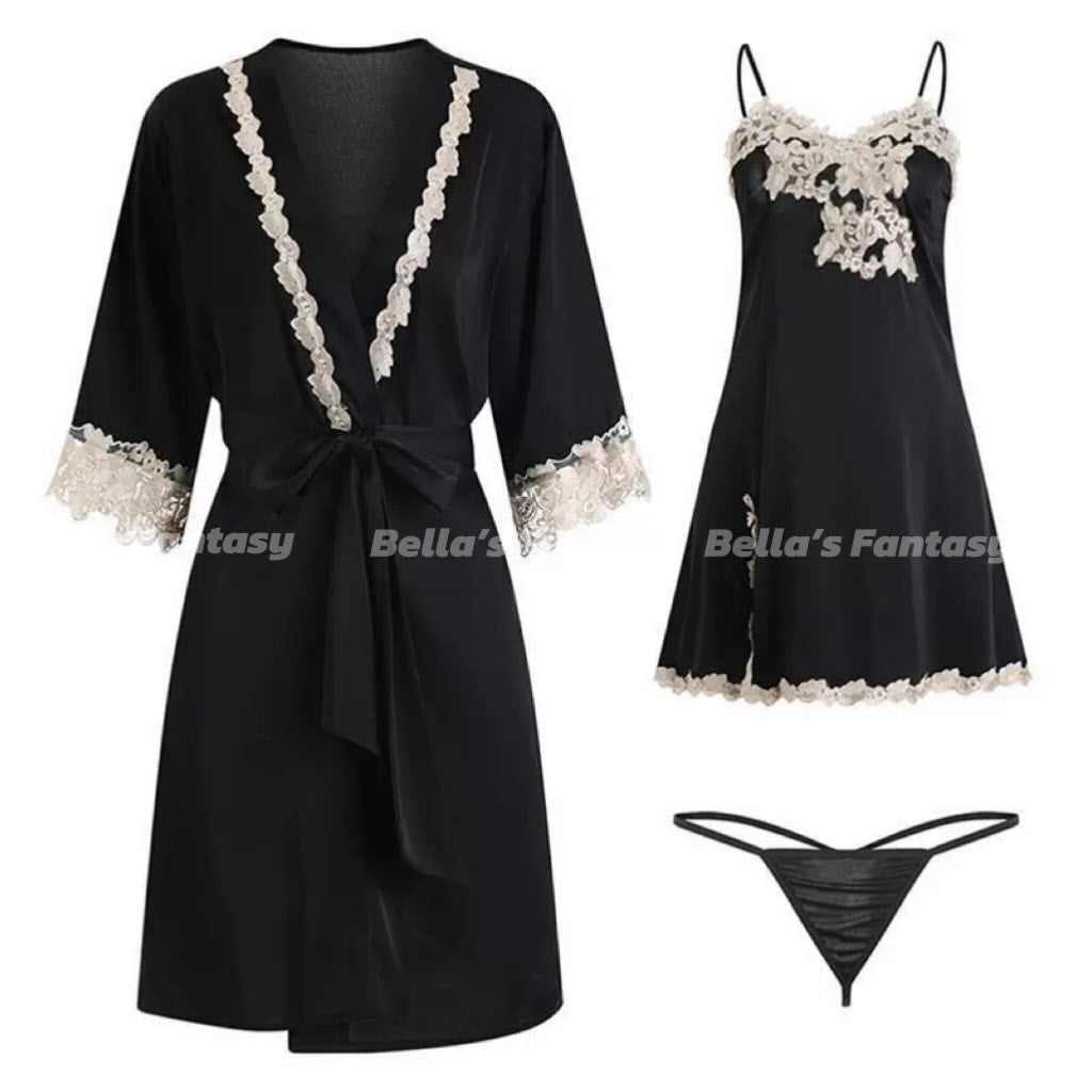 Bella's Fantasy Bella’s Fantasy French Lace Floral Embroidery Satin Slip Dress Lingerie Set With Robe T String - 3PC Set Black Size M