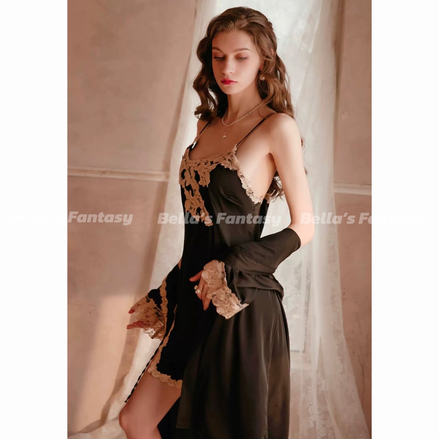 Bella's Fantasy Bella’s Fantasy French Lace Floral Embroidery Satin Slip Dress Lingerie Set With Robe T String - 3PC Set Black Size M
