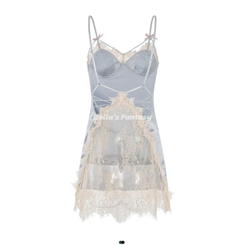 Carly Satin Silky Slip Dress Pajamas Set With T String Baby Blue