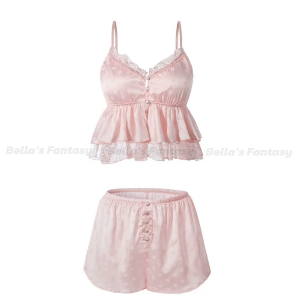 V-Neck Floral Pink Polka Dots Print Button Down Pajama Set | Padded Camisole+Short