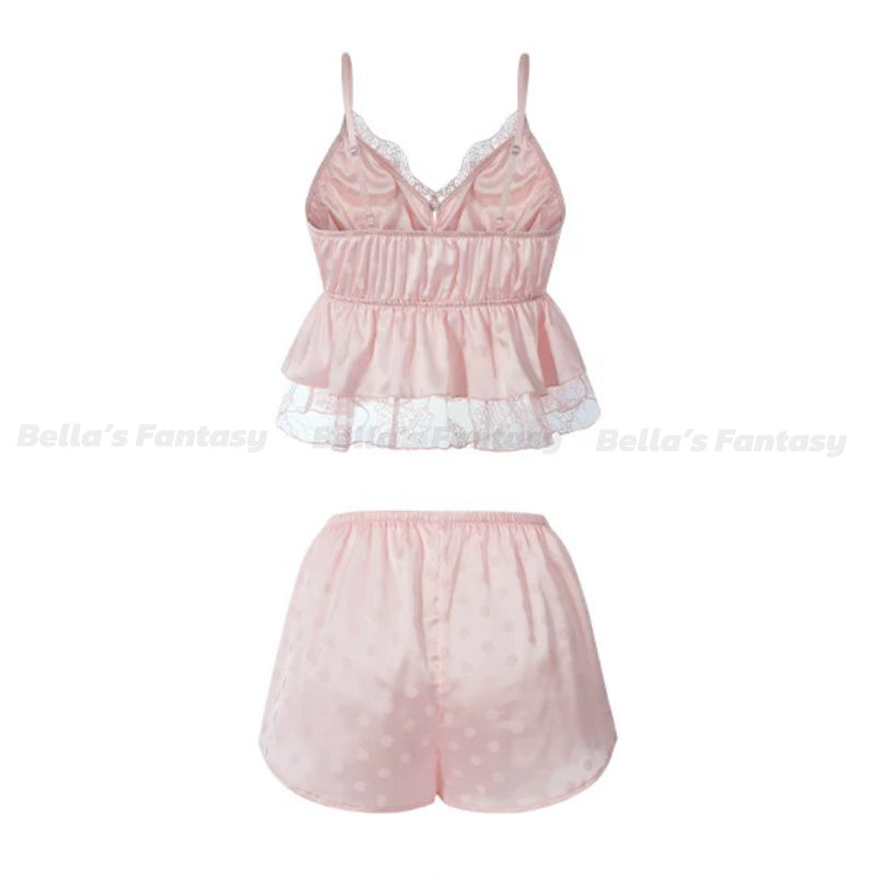 V-Neck Floral Pink Polka Dots Print Button Down Pajama Set | Padded Camisole+Short
