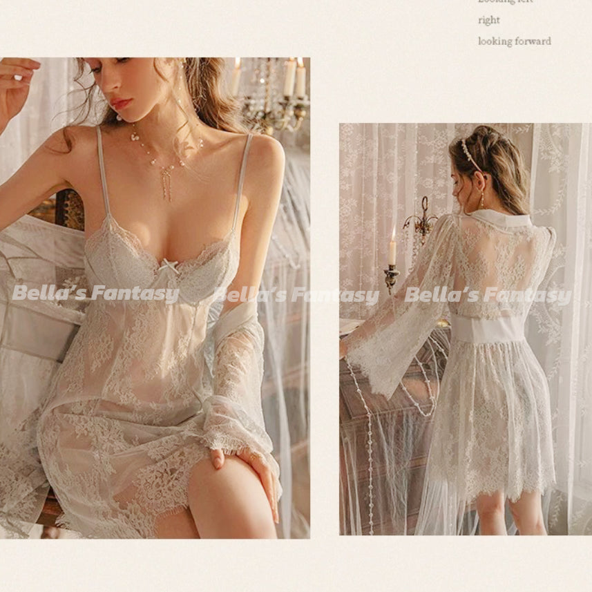 Bella's Fantasy French Mesh V Neck Satin Lace Slip Dress+ Robe Pajamas Nightwear Set Baby Blue One Size