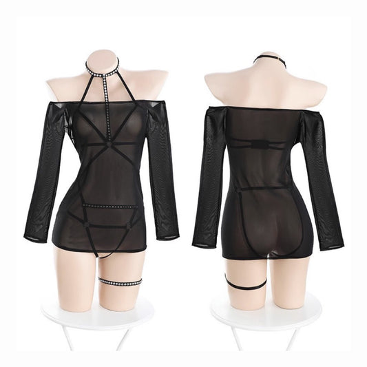 Bella’s Fantasy Sexy Hollow Out Mesh See Through Stretchy Two-piece Bodysuit Black