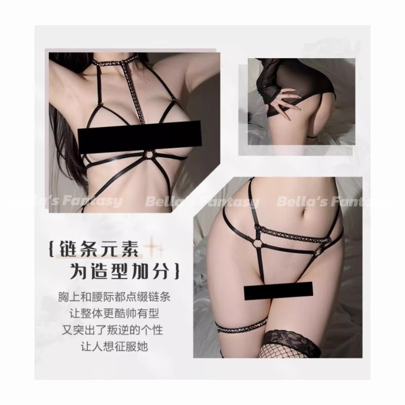 Bella’s Fantasy Sexy Hollow Out Mesh See Through Stretchy Two-piece Bodysuit Black
