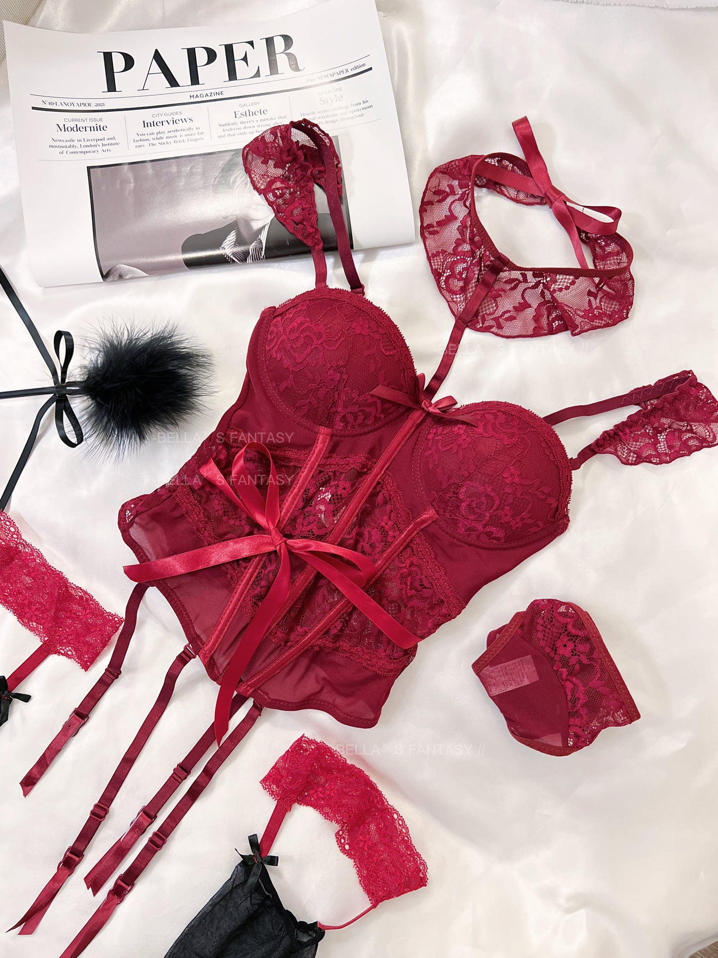 Scarlett Burgundy Lace corset Lingerie set - Red