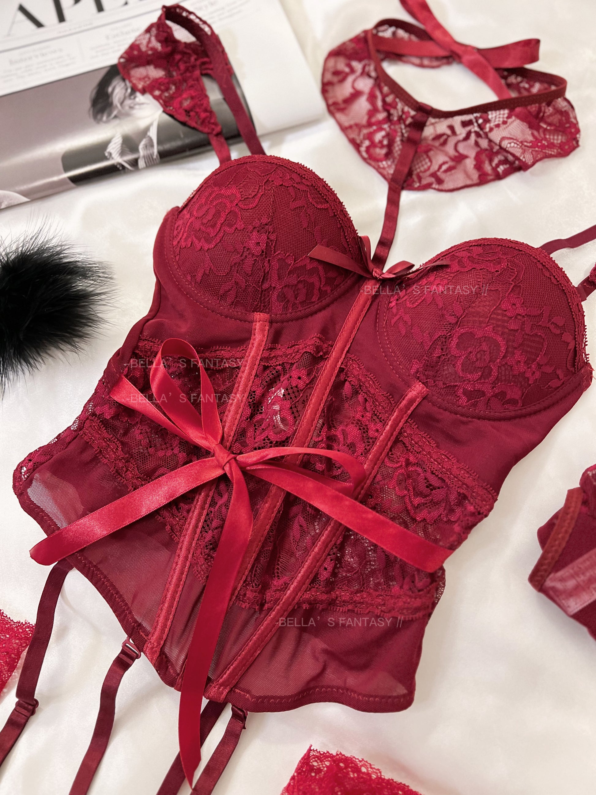 Scarlett Burgundy Lace corset Lingerie set - Red BELLA'S FANTASY Scarlett Burgundy Lace corset Lingerie set - Red BELLA'S FANTASY