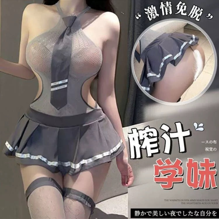 Bella’s Fantasy Erotic Lingerie Sexy Net Dress JK Student Uniform Grey One Size