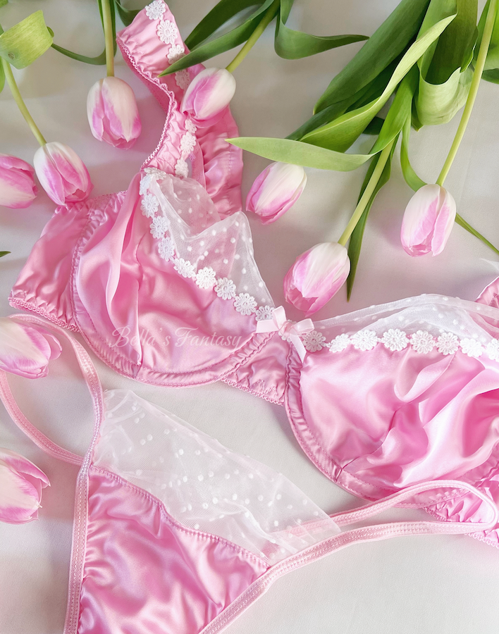 Barbie Daisy Embroidery Mesh Bra and Thong Lingerie Set