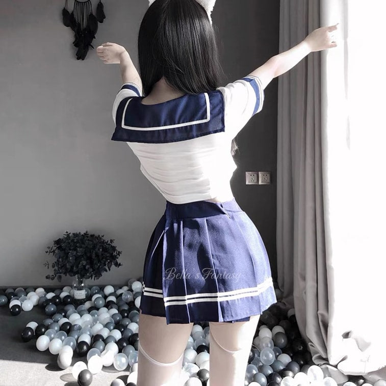 Bella’s Fantasy JK Student Cosplay Uniform Costume Lingerie Set Crop Top Pleated Skirt One size