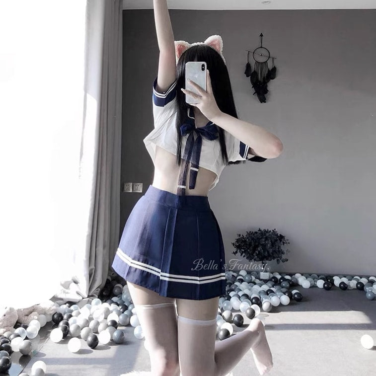 Bella’s Fantasy JK Student Cosplay Uniform Costume Lingerie Set Crop Top Pleated Skirt One size